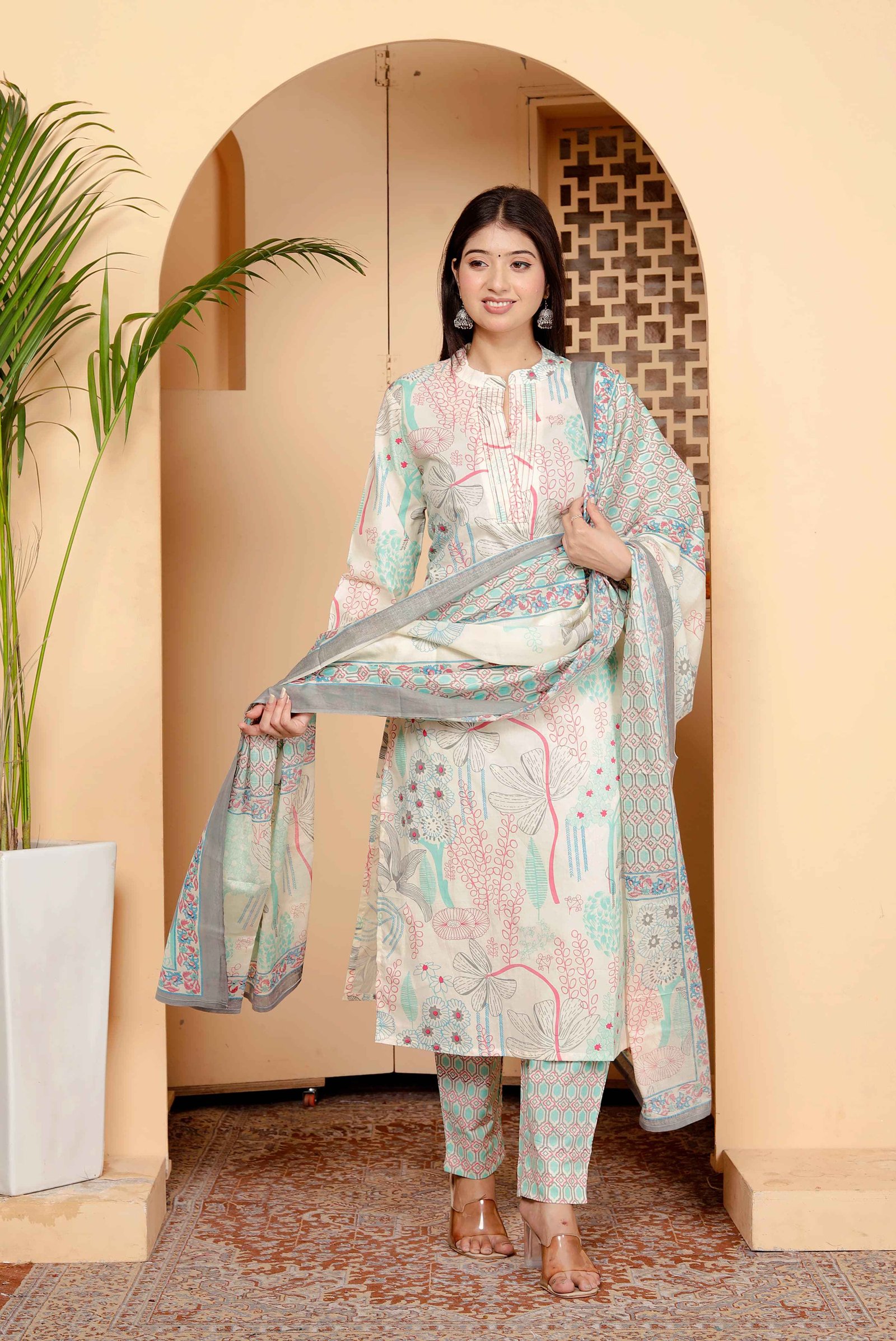 A  pastel Botanical Printed pink  cotton suit set 